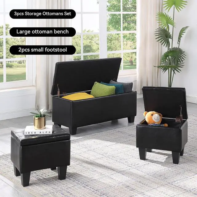 Alt view image 3 of 7 - Storage Ottoman Set of 3, 38'' Button-Tufted Coffee Table Bench with 2pcs Nesting Foot Stools, for Living Room Couch, Bedroom, End of Bed (Black - PU Leather)