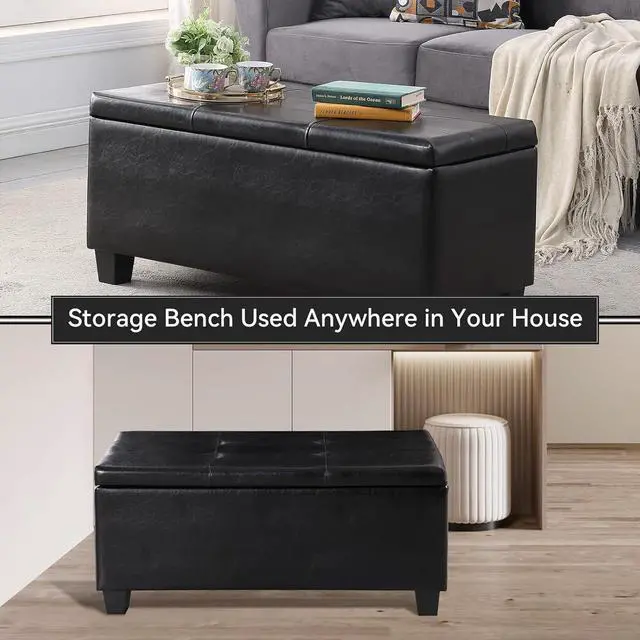 Alt view image 4 of 7 - Storage Ottoman Set of 3, 38'' Button-Tufted Coffee Table Bench with 2pcs Nesting Foot Stools, for Living Room Couch, Bedroom, End of Bed (Black - PU Leather)