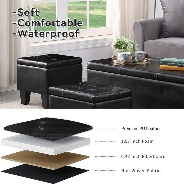 Alt view image 5 of 7 - Storage Ottoman Set of 3, 38'' Button-Tufted Coffee Table Bench with 2pcs Nesting Foot Stools, for Living Room Couch, Bedroom, End of Bed (Black - PU Leather)