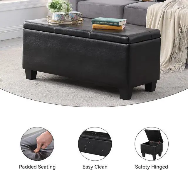 Alt view image 6 of 7 - Storage Ottoman Set of 3, 38'' Button-Tufted Coffee Table Bench with 2pcs Nesting Foot Stools, for Living Room Couch, Bedroom, End of Bed (Black - PU Leather)