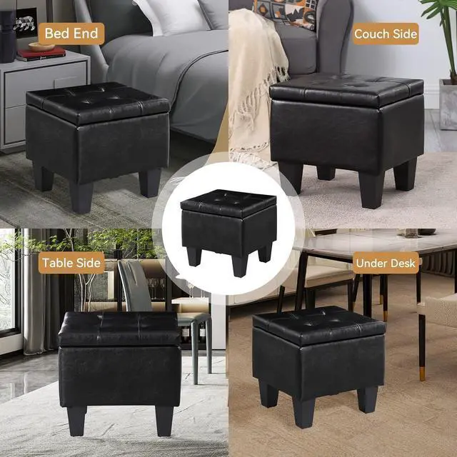 Alt view image 7 of 7 - Storage Ottoman Set of 3, 38'' Button-Tufted Coffee Table Bench with 2pcs Nesting Foot Stools, for Living Room Couch, Bedroom, End of Bed (Black - PU Leather)