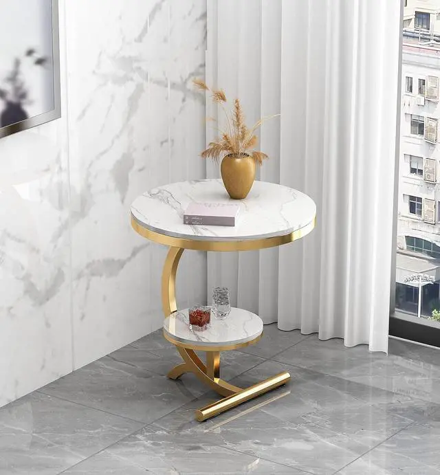 Alt view image 5 of 7 - Luxury Marble End Table Decor & More Round Coffee Table with Storage Shelf for Home & Living Room |Gold Coffee Table|Outdoor & Indoor Furniture(Color : Gold+White, Size : Double Layer)