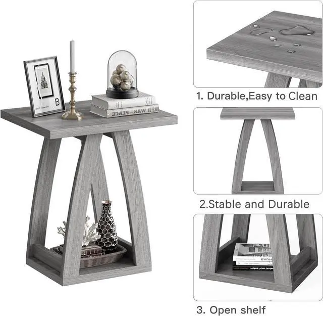 Alt view image 6 of 7 - End Tables Living Room, Side Table Beside Sofa, Nightstand for Bedroom, Couch Side Table with Shelf, Modern End Table for Living Room, Grey End Table
