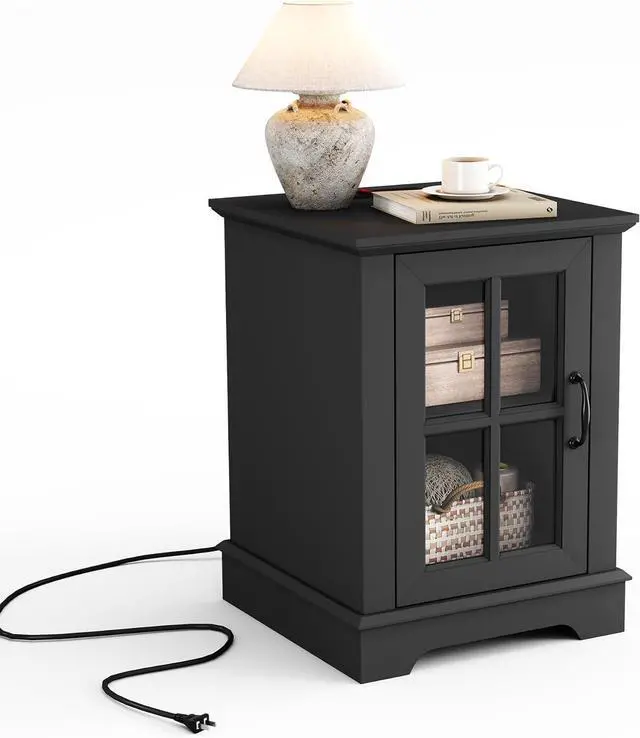 Main image of LINSY HOME End Table with Charging Station, Modern Side Table with Storage Cabinet and Adjustable Shelf, Small Sofa Table for Living Room, Home Office, Black