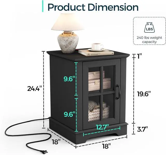 Alt view image 3 of 7 - LINSY HOME End Table with Charging Station, Modern Side Table with Storage Cabinet and Adjustable Shelf, Small Sofa Table for Living Room, Home Office, Black