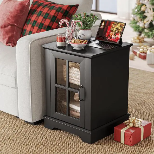 Alt view image 2 of 7 - LINSY HOME End Table with Charging Station, Modern Side Table with Storage Cabinet and Adjustable Shelf, Small Sofa Table for Living Room, Home Office, Black