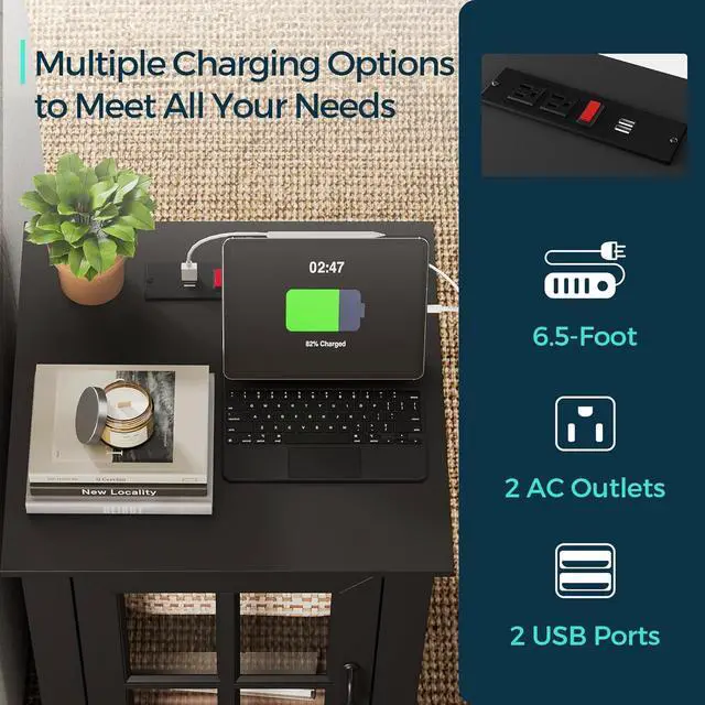 Alt view image 4 of 7 - LINSY HOME End Table with Charging Station, Modern Side Table with Storage Cabinet and Adjustable Shelf, Small Sofa Table for Living Room, Home Office, Black