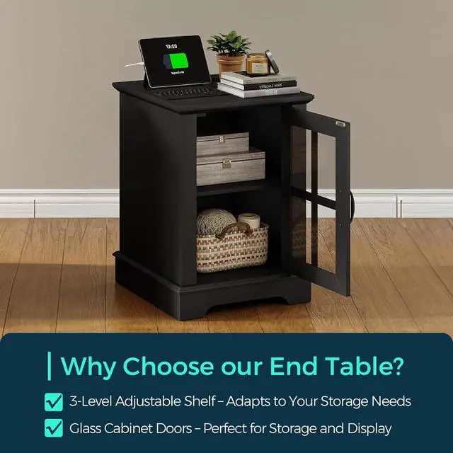 Alt view image 6 of 7 - LINSY HOME End Table with Charging Station, Modern Side Table with Storage Cabinet and Adjustable Shelf, Small Sofa Table for Living Room, Home Office, Black