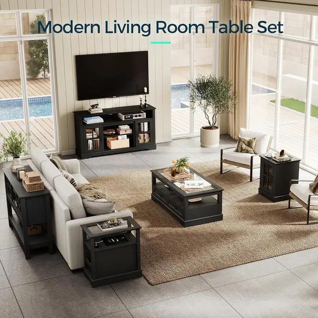Alt view image 7 of 7 - LINSY HOME End Table with Charging Station, Modern Side Table with Storage Cabinet and Adjustable Shelf, Small Sofa Table for Living Room, Home Office, Black