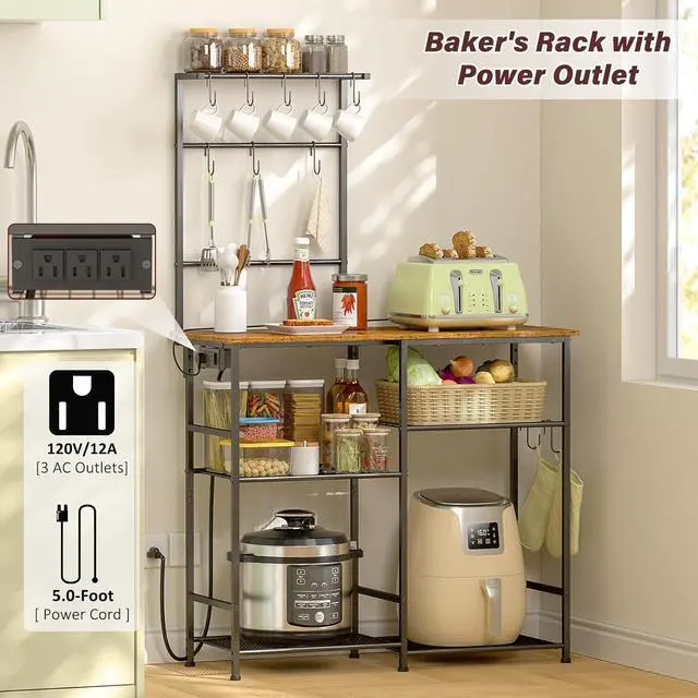 Alt view image 3 of 7 - Bakers Rack with Power Outlet, Kitchen Microwave Stand with 10 S-shaped Hooks, 6-Tier Coffee Bar Station, Kitchen Storage Shelf Rack for Spices, Pots, Rustic Brown