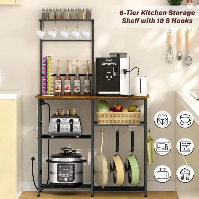 Alt view image 4 of 7 - Bakers Rack with Power Outlet, Kitchen Microwave Stand with 10 S-shaped Hooks, 6-Tier Coffee Bar Station, Kitchen Storage Shelf Rack for Spices, Pots, Rustic Brown