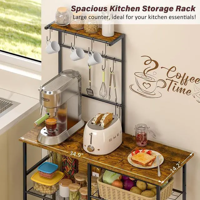 Alt view image 5 of 7 - Bakers Rack with Power Outlet, Kitchen Microwave Stand with 10 S-shaped Hooks, 6-Tier Coffee Bar Station, Kitchen Storage Shelf Rack for Spices, Pots, Rustic Brown