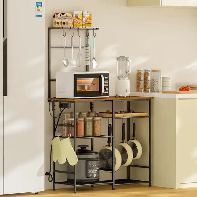 Alt view image 7 of 7 - Bakers Rack with Power Outlet, Kitchen Microwave Stand with 10 S-shaped Hooks, 6-Tier Coffee Bar Station, Kitchen Storage Shelf Rack for Spices, Pots, Rustic Brown