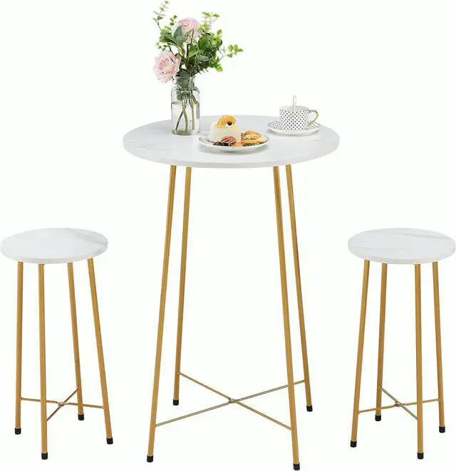 Main image of VECELO Small Bar Table and Chairs, Round Bistro Sets with 2 barstools, 3-Piece Pub Dining Furniture, Counter Height Wood Top for Breakfast Dinner Coffee Nap Conference, Easy Assembly,Gold