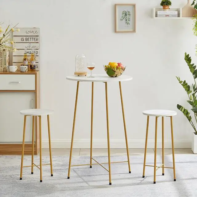 Alt view image 2 of 7 - VECELO Small Bar Table and Chairs, Round Bistro Sets with 2 barstools, 3-Piece Pub Dining Furniture, Counter Height Wood Top for Breakfast Dinner Coffee Nap Conference, Easy Assembly,Gold