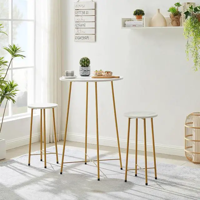 Alt view image 3 of 7 - VECELO Small Bar Table and Chairs, Round Bistro Sets with 2 barstools, 3-Piece Pub Dining Furniture, Counter Height Wood Top for Breakfast Dinner Coffee Nap Conference, Easy Assembly,Gold