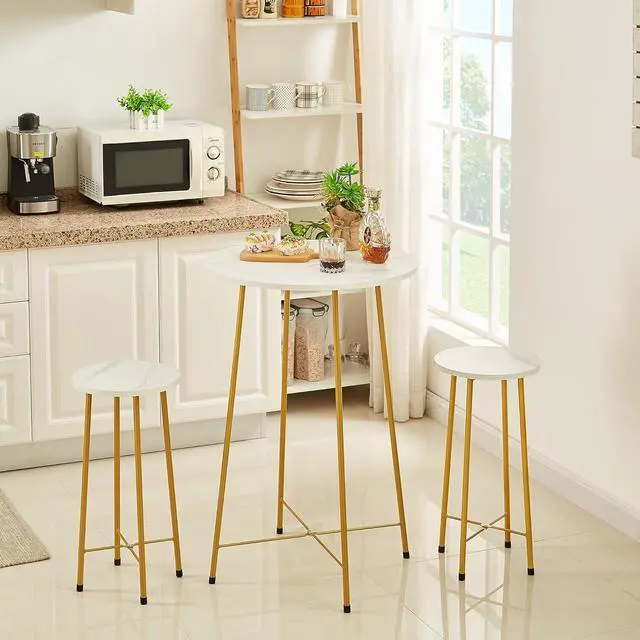 Alt view image 5 of 7 - VECELO Small Bar Table and Chairs, Round Bistro Sets with 2 barstools, 3-Piece Pub Dining Furniture, Counter Height Wood Top for Breakfast Dinner Coffee Nap Conference, Easy Assembly,Gold