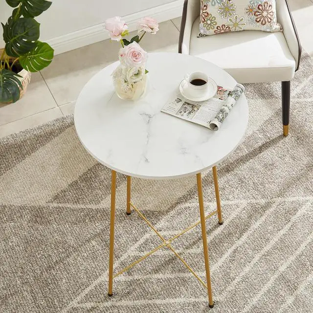 Alt view image 4 of 7 - VECELO Small Bar Table and Chairs, Round Bistro Sets with 2 barstools, 3-Piece Pub Dining Furniture, Counter Height Wood Top for Breakfast Dinner Coffee Nap Conference, Easy Assembly,Gold