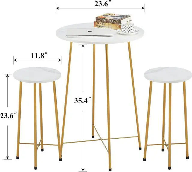 Alt view image 6 of 7 - VECELO Small Bar Table and Chairs, Round Bistro Sets with 2 barstools, 3-Piece Pub Dining Furniture, Counter Height Wood Top for Breakfast Dinner Coffee Nap Conference, Easy Assembly,Gold