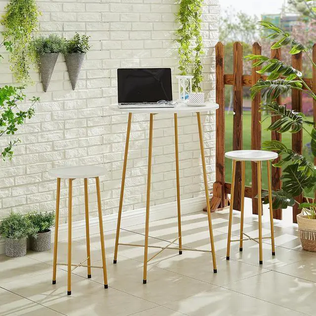 Alt view image 7 of 7 - VECELO Small Bar Table and Chairs, Round Bistro Sets with 2 barstools, 3-Piece Pub Dining Furniture, Counter Height Wood Top for Breakfast Dinner Coffee Nap Conference, Easy Assembly,Gold