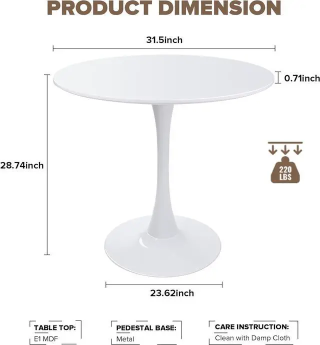 Alt view image 3 of 7 - 31.5" Round Dining Table for 2-4 People, Mid-Century Tulip Kitchen Dining Table, MDF Tabletop and Pedestal Table,Easy Assembly End Table Leisure Coffee Tables,White