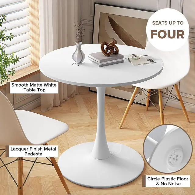 Alt view image 5 of 7 - 31.5" Round Dining Table for 2-4 People, Mid-Century Tulip Kitchen Dining Table, MDF Tabletop and Pedestal Table,Easy Assembly End Table Leisure Coffee Tables,White