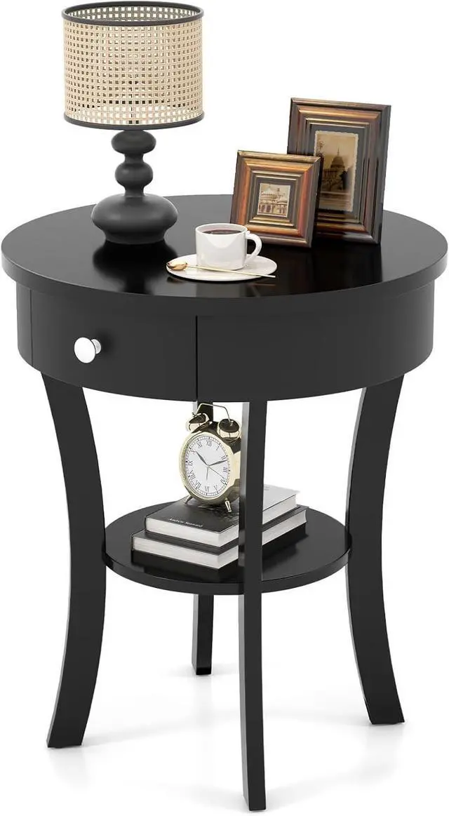 Main image of Giantex Round End Table with Drawer, 2-Tier Wood Side Table w/Open Shelf, Small Sofa Side Table for Small Space, Multipurpose Accent Table for Bedroom Living Room Home (1, Black)