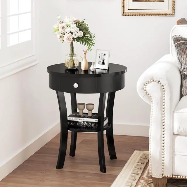 Alt view image 2 of 7 - Giantex Round End Table with Drawer, 2-Tier Wood Side Table w/Open Shelf, Small Sofa Side Table for Small Space, Multipurpose Accent Table for Bedroom Living Room Home (1, Black)