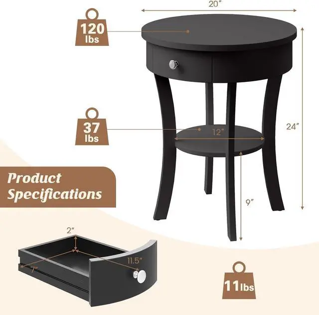 Alt view image 3 of 7 - Giantex Round End Table with Drawer, 2-Tier Wood Side Table w/Open Shelf, Small Sofa Side Table for Small Space, Multipurpose Accent Table for Bedroom Living Room Home (1, Black)