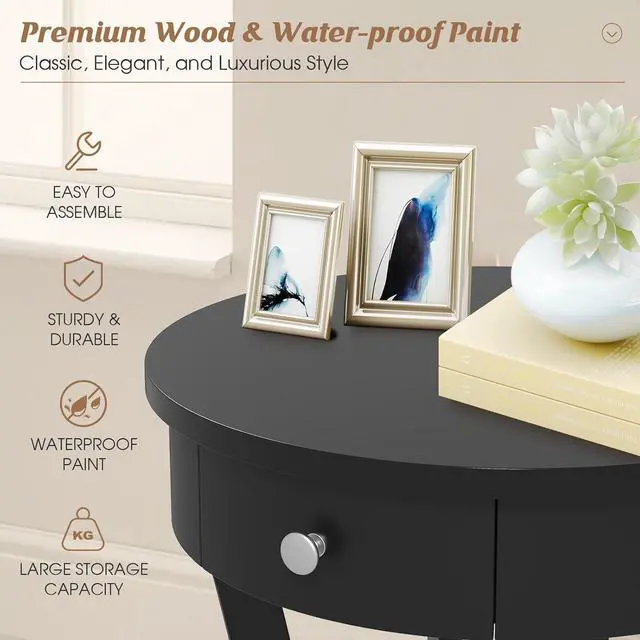 Alt view image 5 of 7 - Giantex Round End Table with Drawer, 2-Tier Wood Side Table w/Open Shelf, Small Sofa Side Table for Small Space, Multipurpose Accent Table for Bedroom Living Room Home (1, Black)