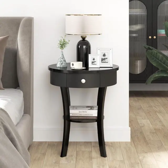 Alt view image 6 of 7 - Giantex Round End Table with Drawer, 2-Tier Wood Side Table w/Open Shelf, Small Sofa Side Table for Small Space, Multipurpose Accent Table for Bedroom Living Room Home (1, Black)