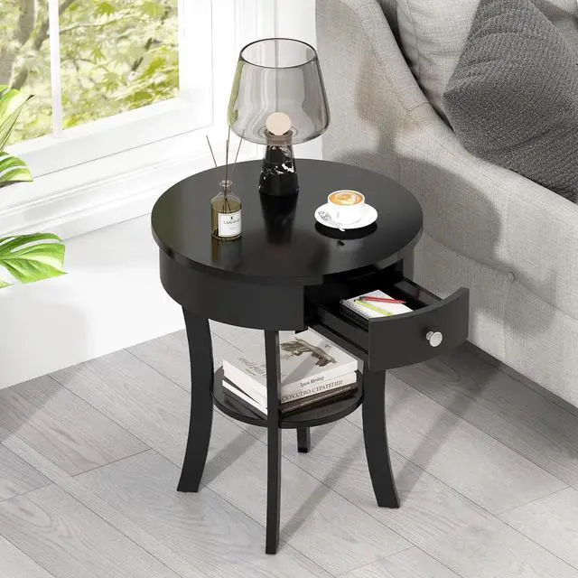 Alt view image 7 of 7 - Giantex Round End Table with Drawer, 2-Tier Wood Side Table w/Open Shelf, Small Sofa Side Table for Small Space, Multipurpose Accent Table for Bedroom Living Room Home (1, Black)