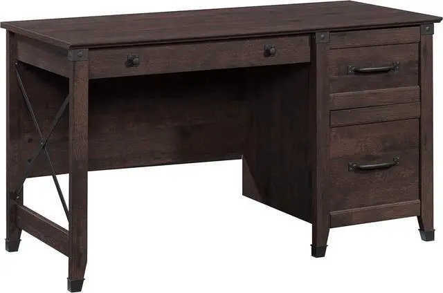 Main image of Sauder Carson Forge Vintage Rustic Computer Desk for Home Office with Drawers, in Coffee Oak