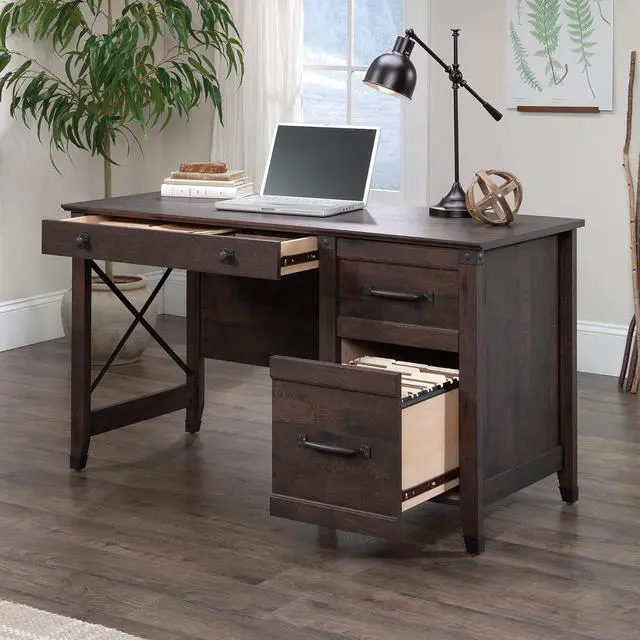 Alt view image 2 of 7 - Sauder Carson Forge Vintage Rustic Computer Desk for Home Office with Drawers, in Coffee Oak