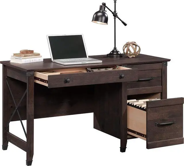 Alt view image 6 of 7 - Sauder Carson Forge Vintage Rustic Computer Desk for Home Office with Drawers, in Coffee Oak