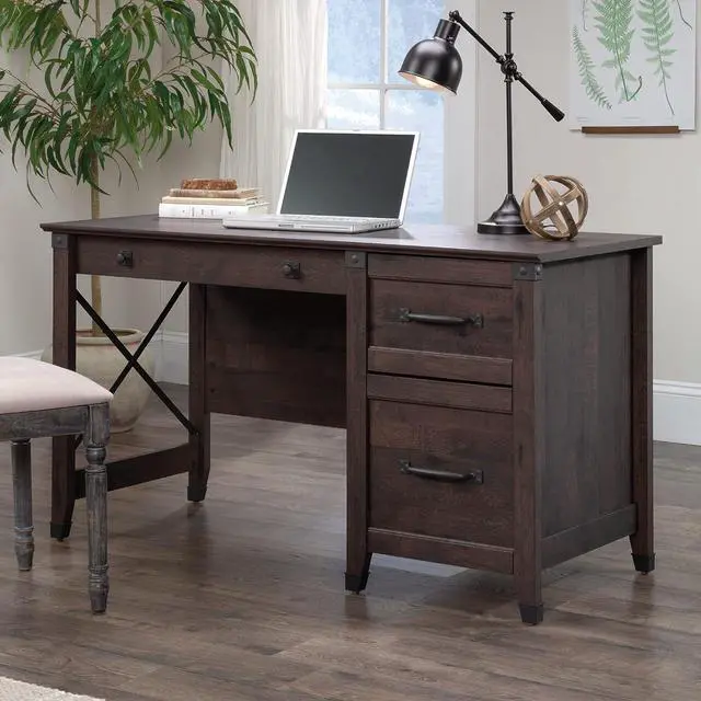 Alt view image 7 of 7 - Sauder Carson Forge Vintage Rustic Computer Desk for Home Office with Drawers, in Coffee Oak