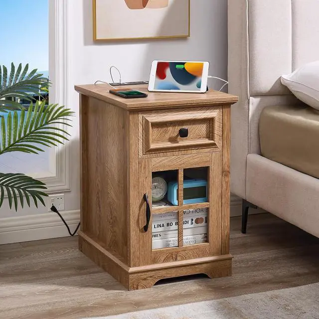 Main image of Farmhouse XXL End Table with Charging Station, Side Table with USB Ports and Outlets, Nightstand with Drawer and Glass Door Storage, Log Color Bedside Tables for Living Room, Bedroom, Office