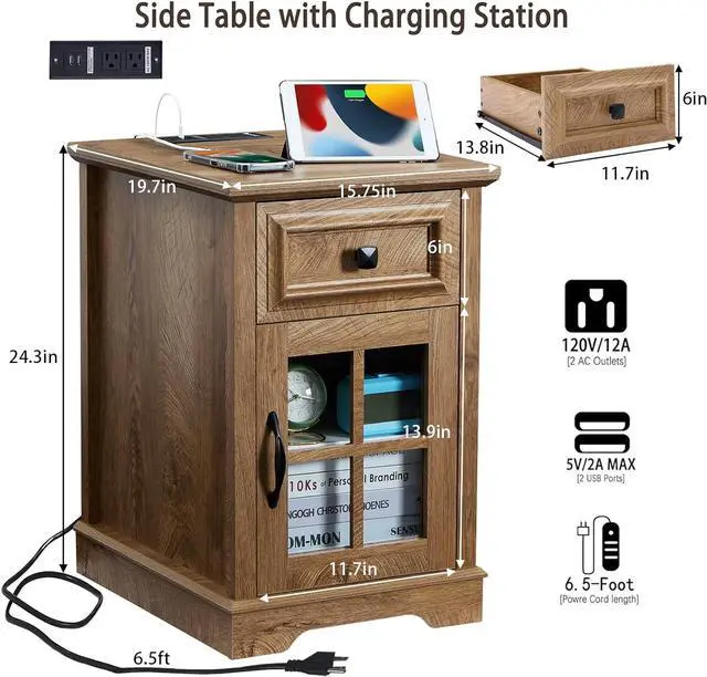 Alt view image 2 of 7 - Farmhouse XXL End Table with Charging Station, Side Table with USB Ports and Outlets, Nightstand with Drawer and Glass Door Storage, Log Color Bedside Tables for Living Room, Bedroom, Office