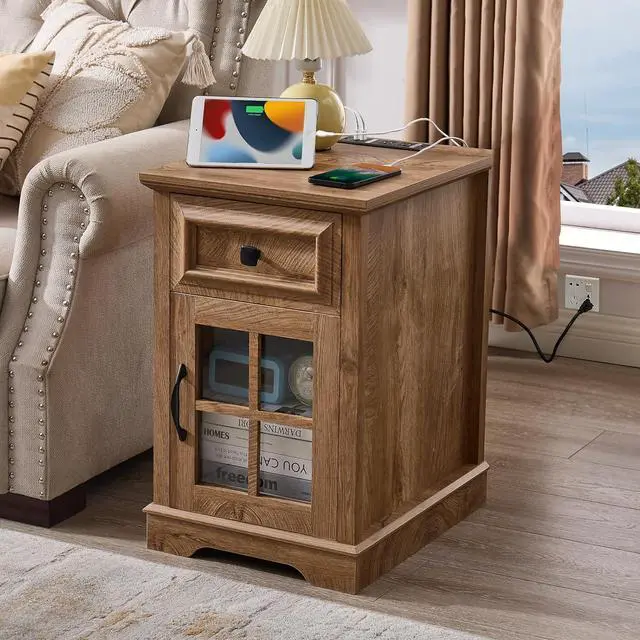 Alt view image 3 of 7 - Farmhouse XXL End Table with Charging Station, Side Table with USB Ports and Outlets, Nightstand with Drawer and Glass Door Storage, Log Color Bedside Tables for Living Room, Bedroom, Office