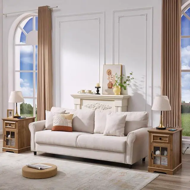 Alt view image 5 of 7 - Farmhouse XXL End Table with Charging Station, Side Table with USB Ports and Outlets, Nightstand with Drawer and Glass Door Storage, Log Color Bedside Tables for Living Room, Bedroom, Office