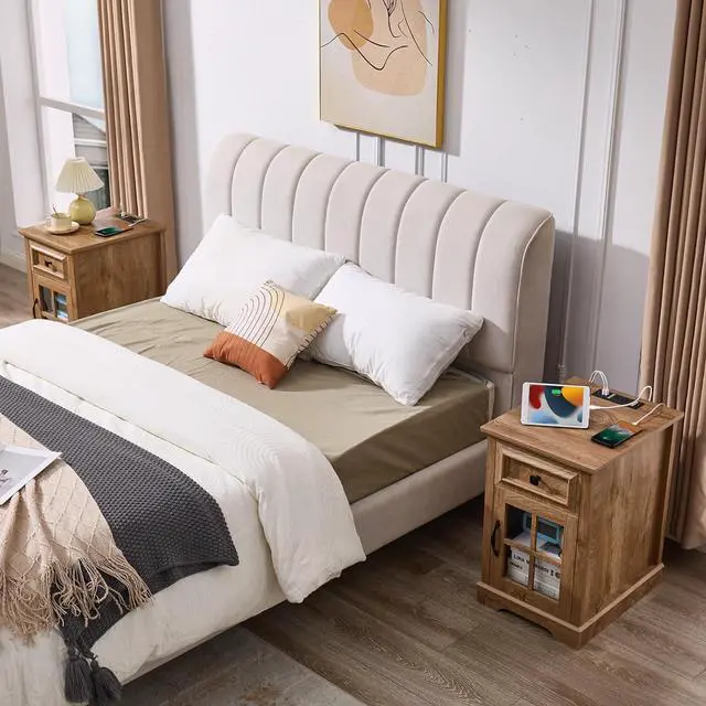 Alt view image 6 of 7 - Farmhouse XXL End Table with Charging Station, Side Table with USB Ports and Outlets, Nightstand with Drawer and Glass Door Storage, Log Color Bedside Tables for Living Room, Bedroom, Office