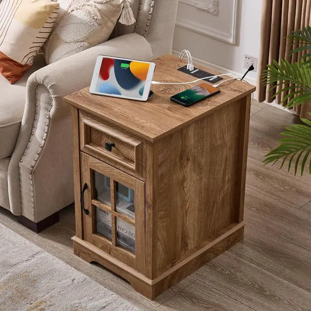Alt view image 7 of 7 - Farmhouse XXL End Table with Charging Station, Side Table with USB Ports and Outlets, Nightstand with Drawer and Glass Door Storage, Log Color Bedside Tables for Living Room, Bedroom, Office