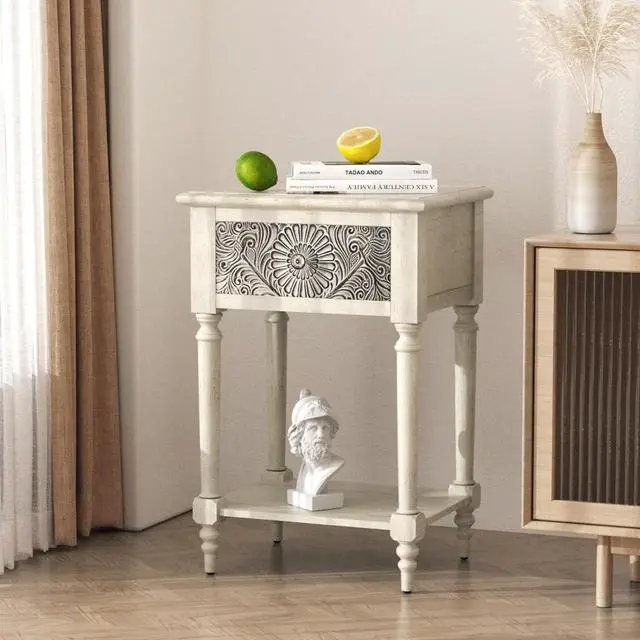 Main image of SUNBURY Vintage Nightstand with Drawer, Wood Small Bedside Table with Open Shelf, Shabby Accent End Side Table for Living Room, Bedroom