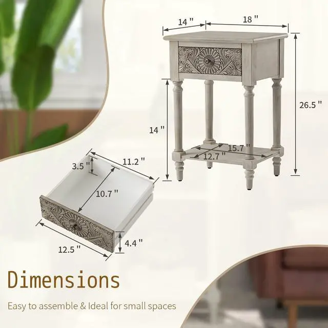 Alt view image 2 of 7 - SUNBURY Vintage Nightstand with Drawer, Wood Small Bedside Table with Open Shelf, Shabby Accent End Side Table for Living Room, Bedroom