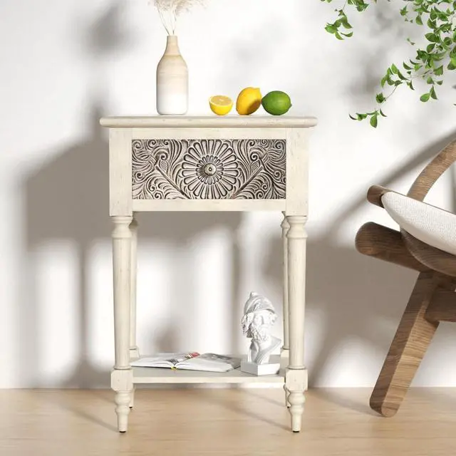 Alt view image 3 of 7 - SUNBURY Vintage Nightstand with Drawer, Wood Small Bedside Table with Open Shelf, Shabby Accent End Side Table for Living Room, Bedroom