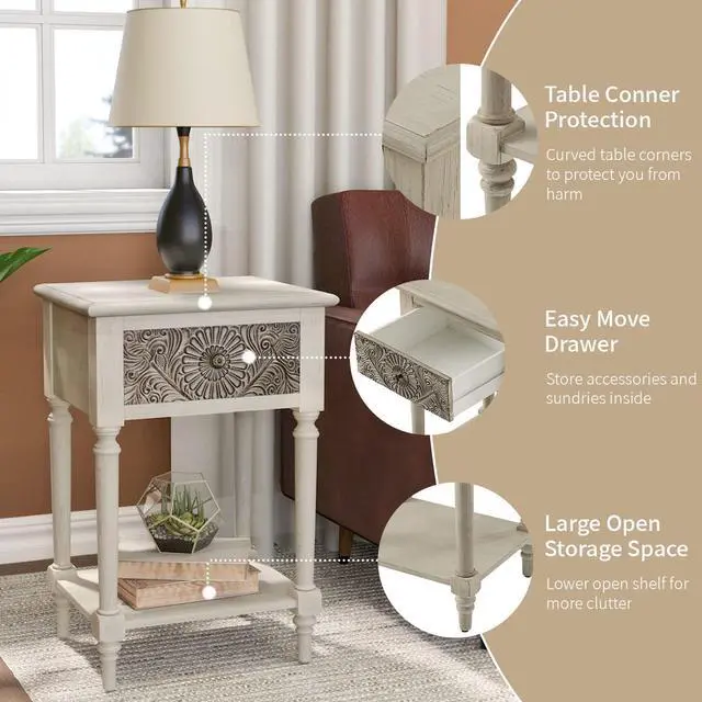 Alt view image 5 of 7 - SUNBURY Vintage Nightstand with Drawer, Wood Small Bedside Table with Open Shelf, Shabby Accent End Side Table for Living Room, Bedroom