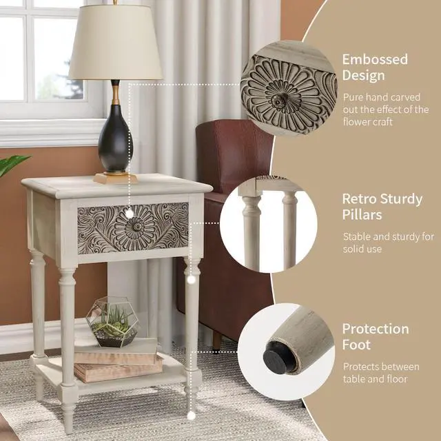 Alt view image 6 of 7 - SUNBURY Vintage Nightstand with Drawer, Wood Small Bedside Table with Open Shelf, Shabby Accent End Side Table for Living Room, Bedroom