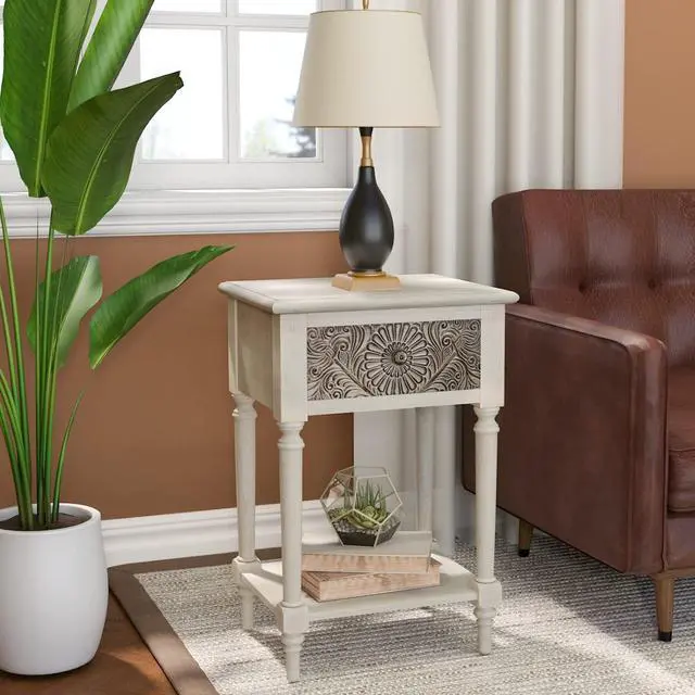 Alt view image 7 of 7 - SUNBURY Vintage Nightstand with Drawer, Wood Small Bedside Table with Open Shelf, Shabby Accent End Side Table for Living Room, Bedroom