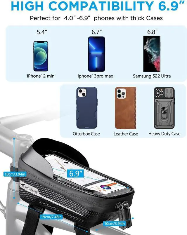 Alt view image 6 of 7 - whale fall Hard Casing Bike Bag, Bike Accessories, Never Deform/Waterproof, Bike Phone Holder Bike Phone Mount with 0.25mm Sensitive TPU Touch-Screen, with Rain Cover for Phones under 6.9''