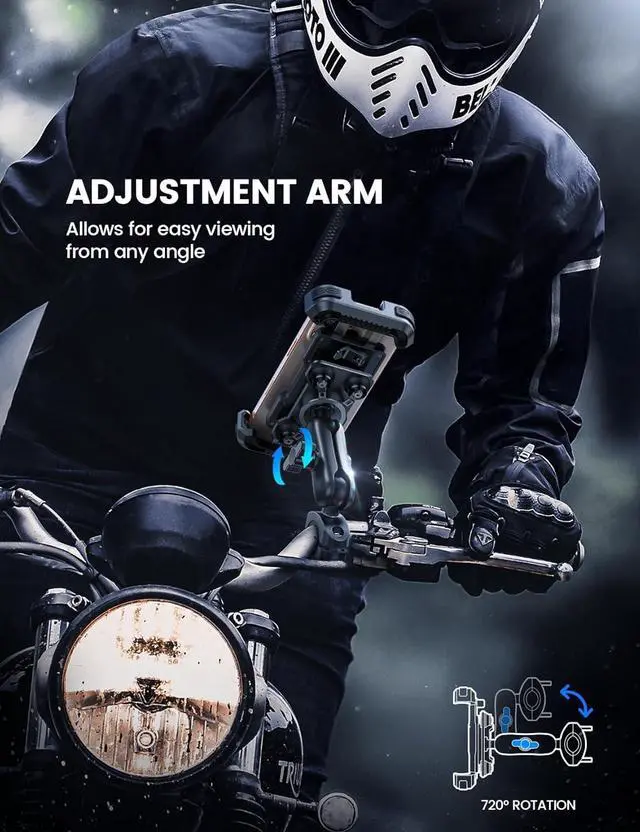 Alt view image 2 of 7 - Lamicall Motorcycle Phone Mount Holder - [Dual Vibration Dampener] [Metal Adjustment Arm] Motorcycle Cell Phone Holder, Bike Handlebar Phone Mount, for iPhone 16/15/ 14/13 Pro Max, 4.7-6.7" Phones